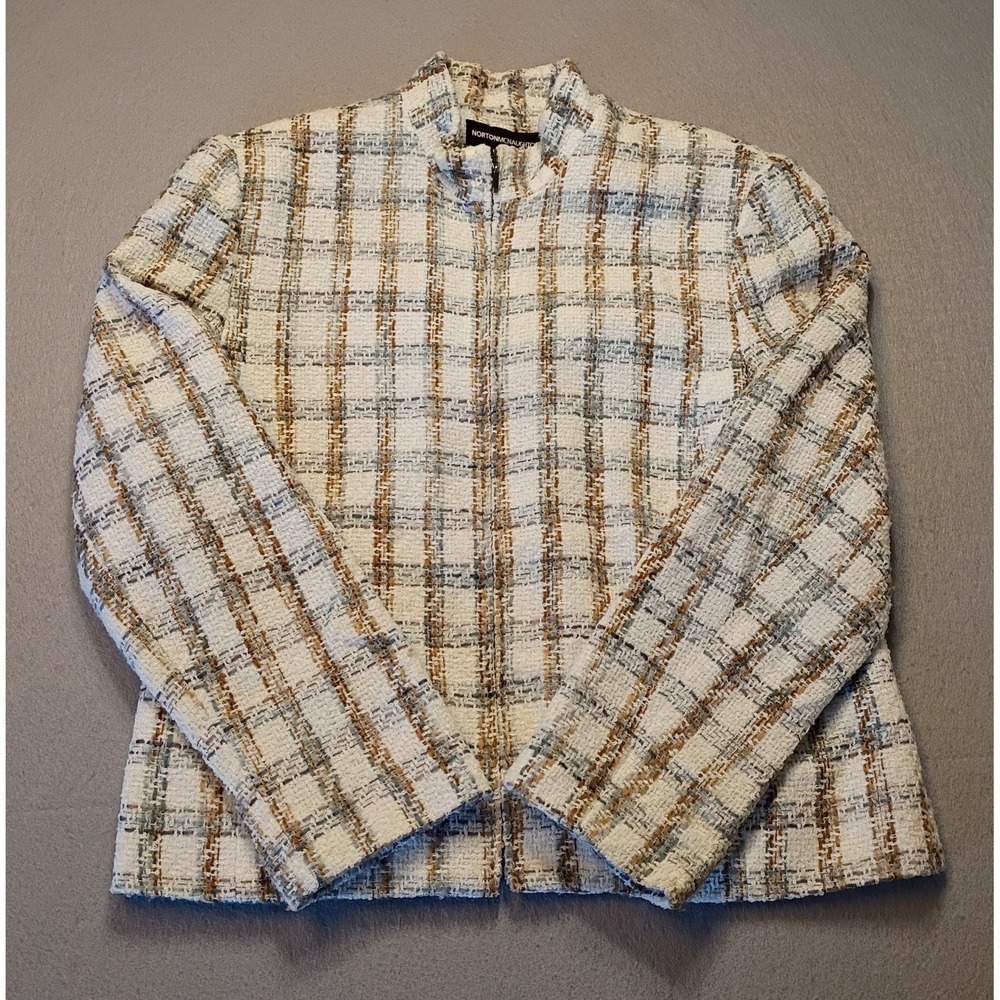 Vtg Norton McNaughton Blazer Jacket Size 12 Plaid Cream Brown‎ Retro Business
